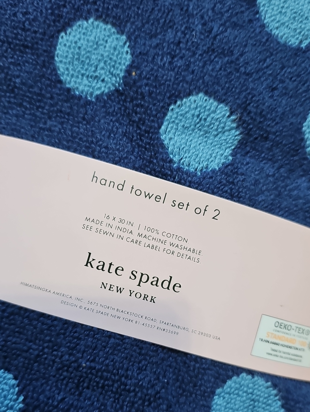 NWT Kate Spade Hand Towels 100% Cotton Blue Polka Dot Set Of Two - Picture 3 of 3
